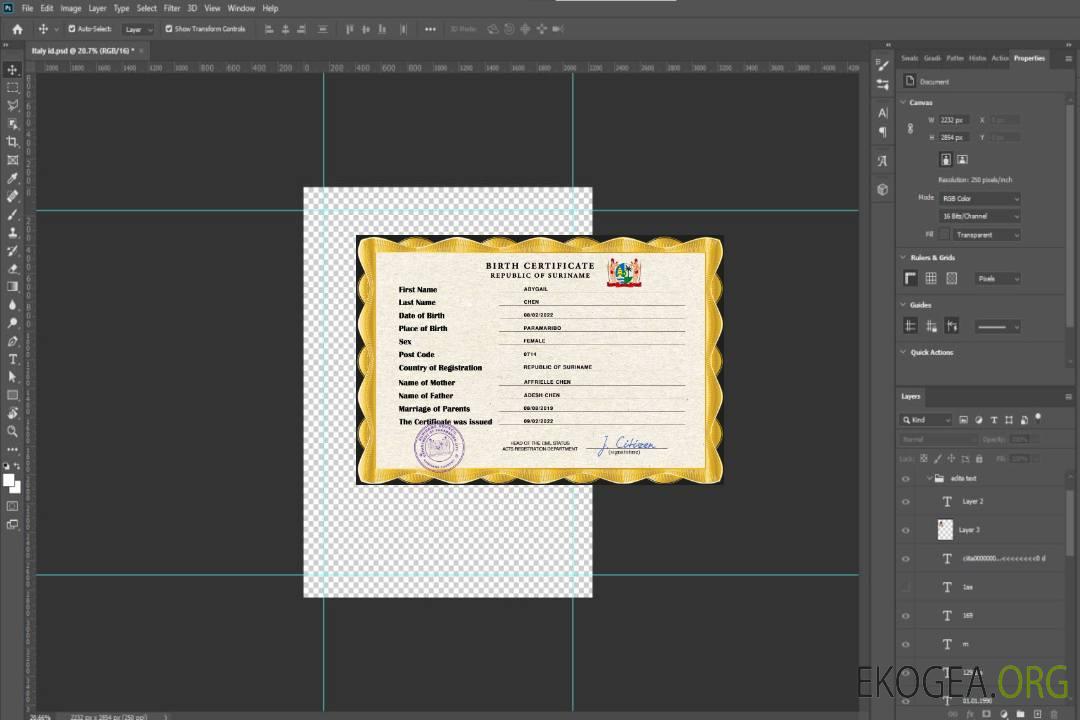 Modèle PSD d'acte de naissance au Suriname template